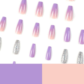 Purple Gradient Wearable Nail Art Tips with Silver Glitter