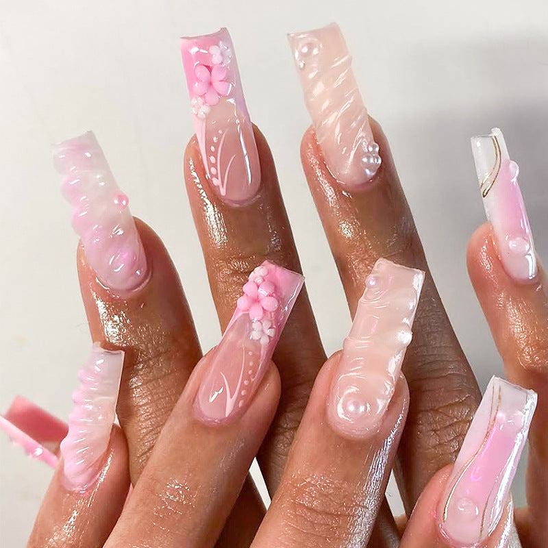 Long Water Pipe 3D Flower Blush Detachable Nails