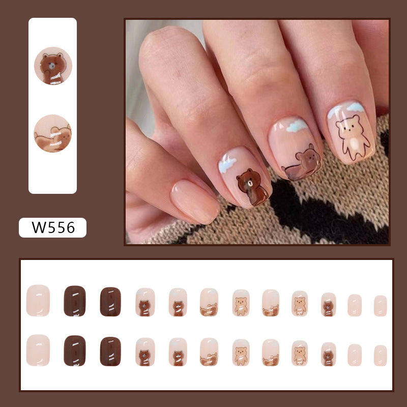 Short Square Pink Translucent Nails, Cute Brown Bear, Ins Style