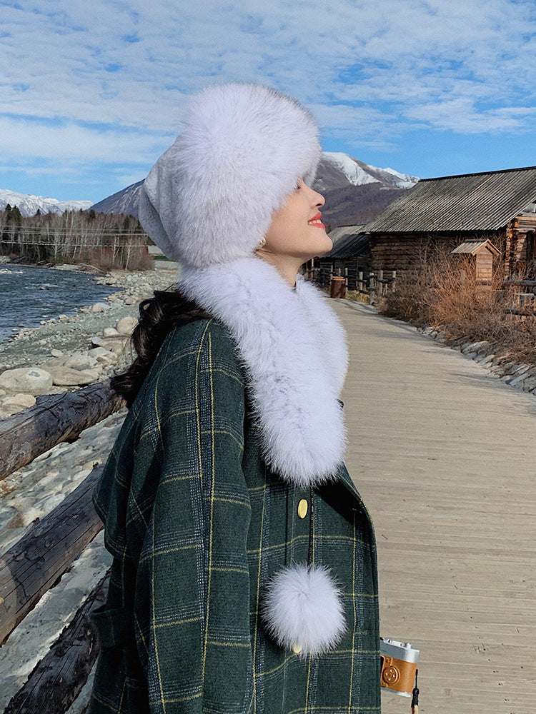 Winter Fox Fur Hat with Long Fringe and Pom Pom