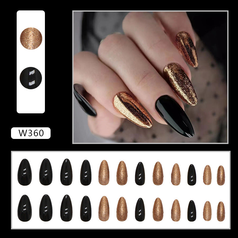 Sweet and Edgy Solid Whitening Nails, Almond Shape, Black and Gold, Ins Style