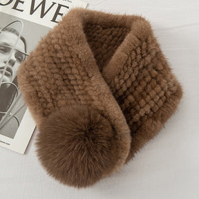 Warm Mink Fur Scarf with Fox Pom Pom - Stylish Winter Accessory