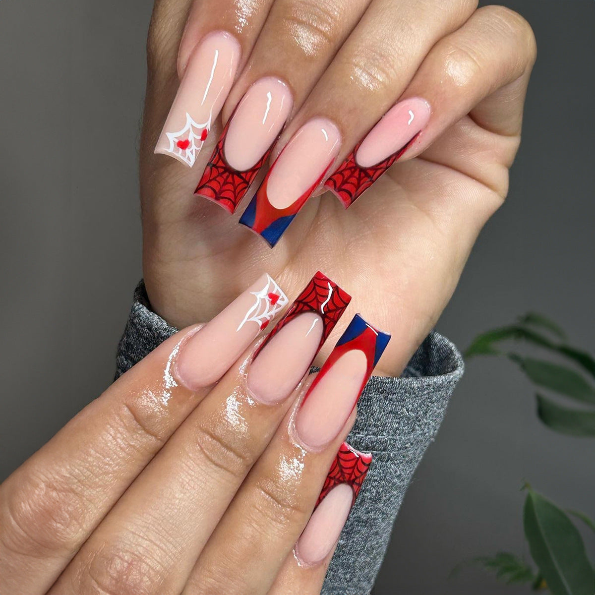 Long Marvel Spider-Man Nail Tips with Spider Web Design