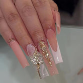 Long French Champagne Gold Bow Nail Tips