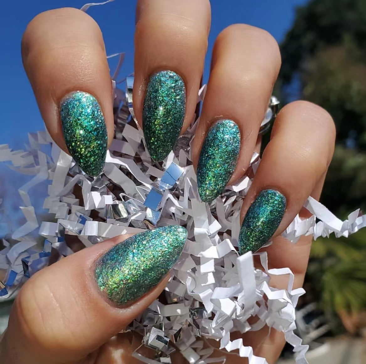 Christmas Glitter Nail Extensions, Festive Pointed Tips