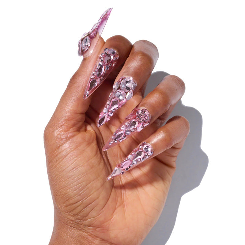 Popular Long Pointed Handmade Full-Diamond Pink Nails