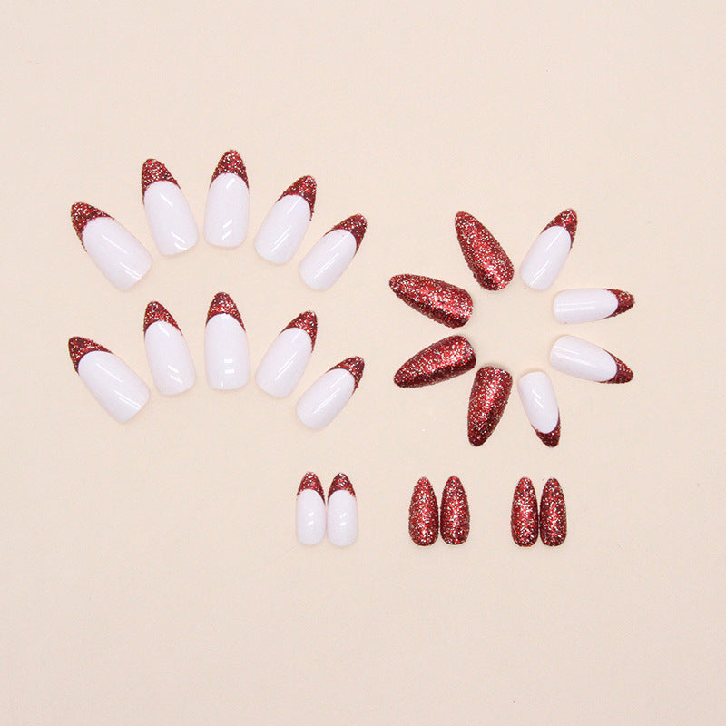 Shiny Wine Red Round Almond Nail Stickers