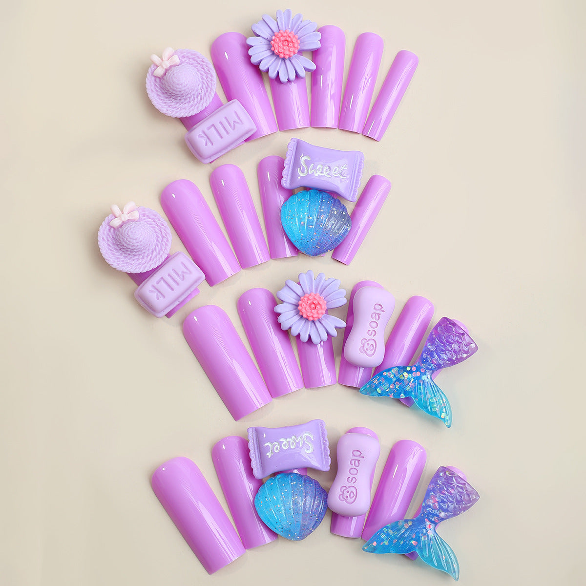 Long Purple Forest Nail Tips with Candy Decor