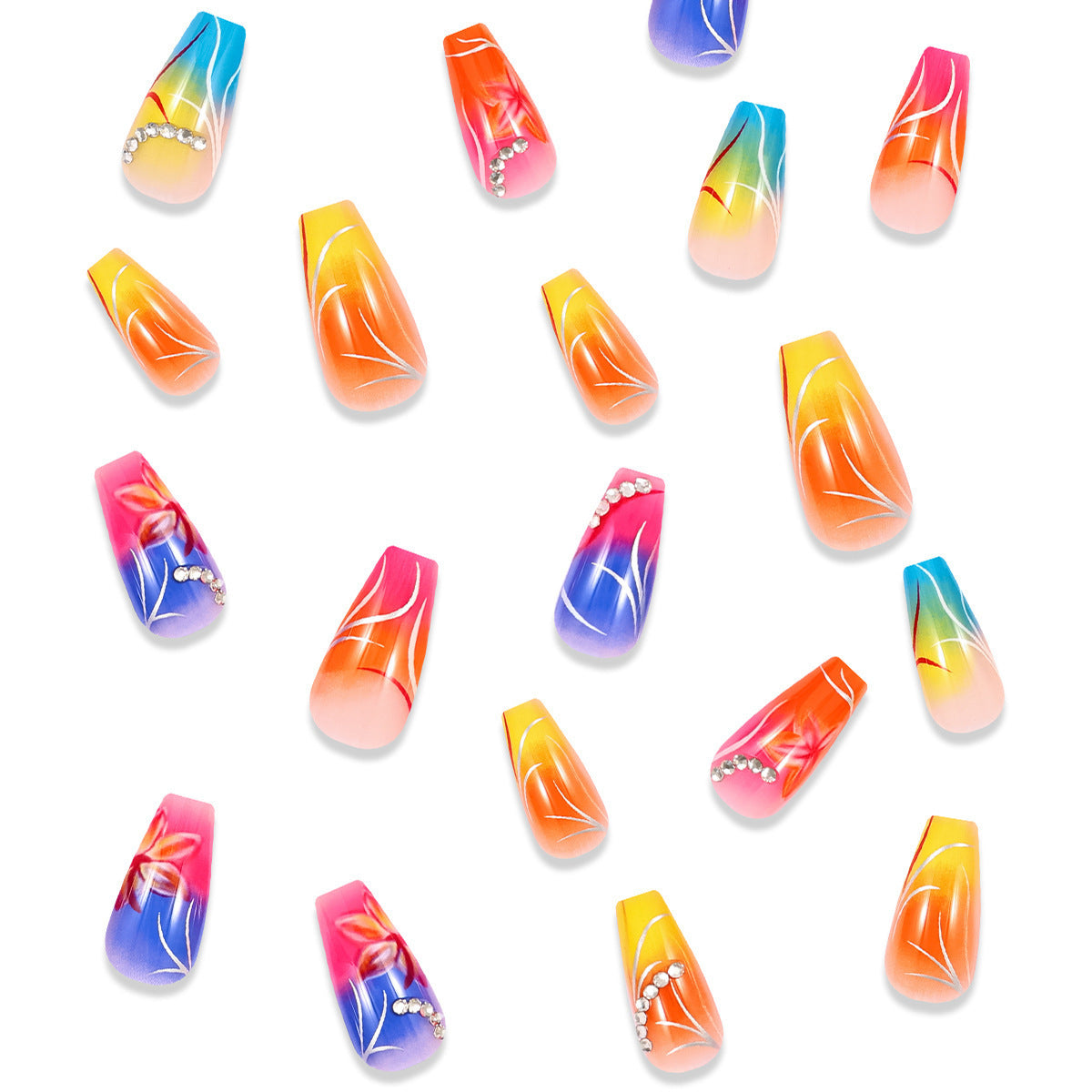 Colorful Gradient Flower Nail Tips with Rhinestones