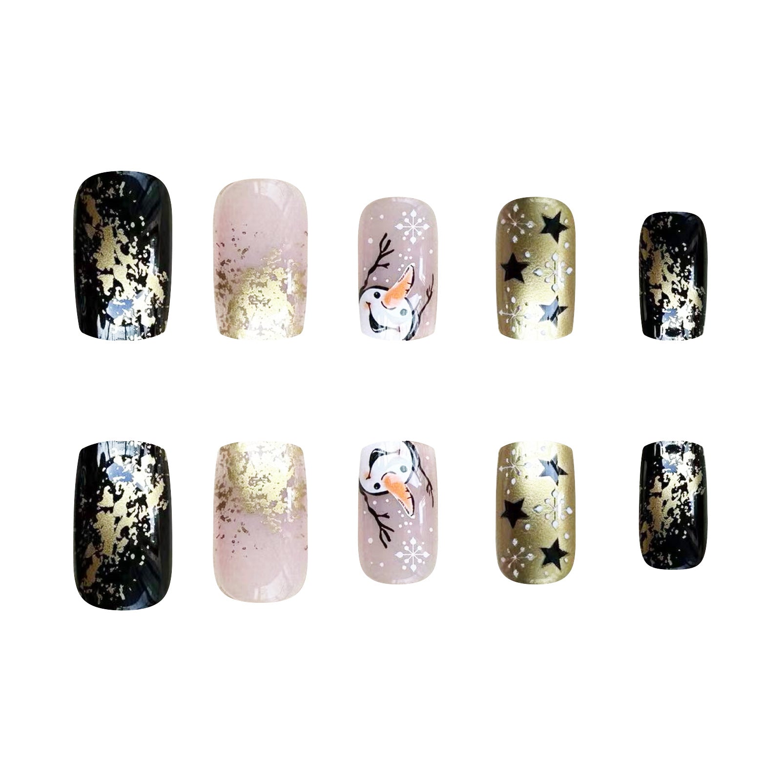 Winter Pearl Gold Short Square Nails with Snowflakes and Stars