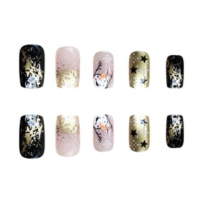 Winter Pearl Gold Short Square Nails with Snowflakes and Stars