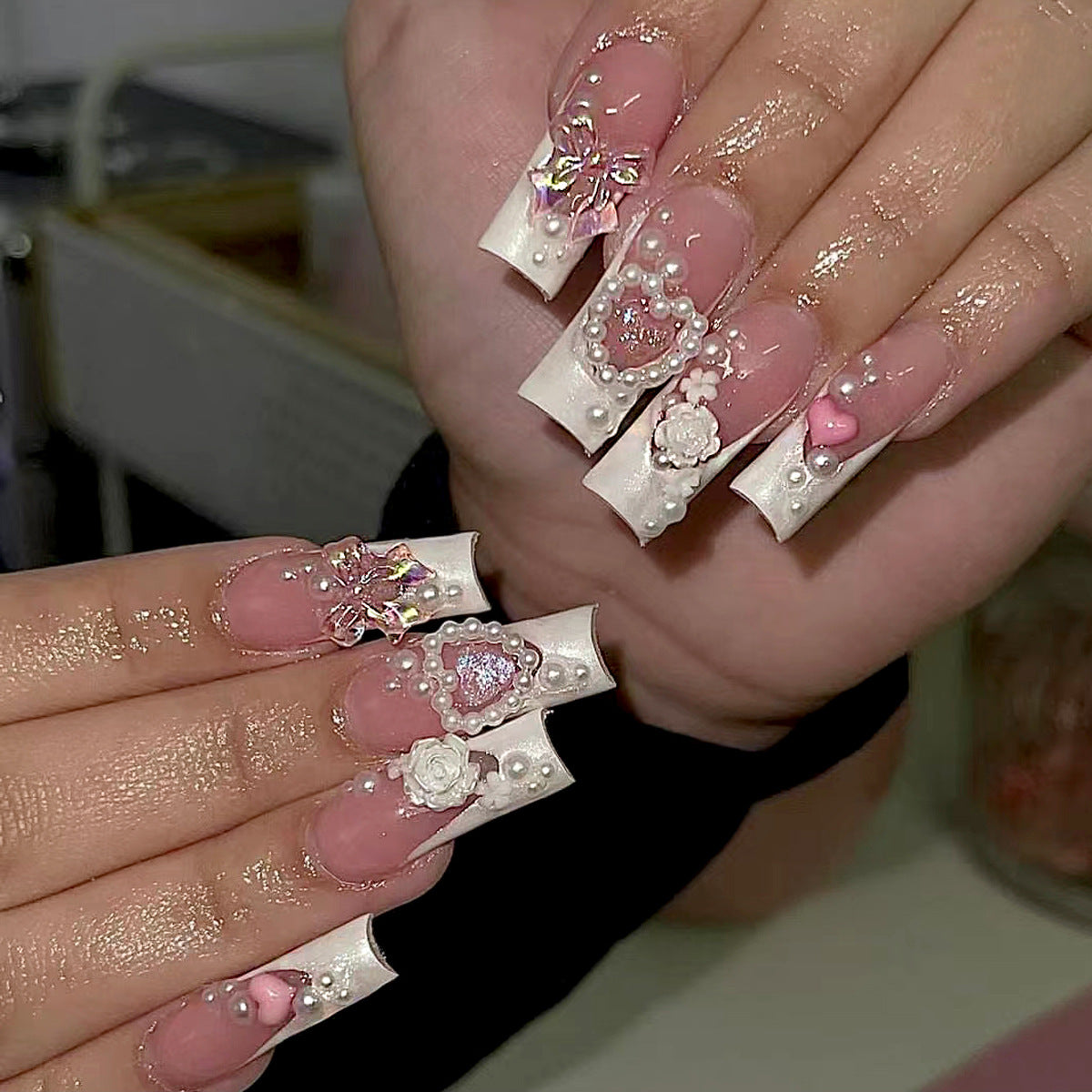 Mid-Length French Barbie Pink Nails with Rhinestones and Bows