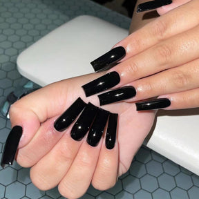 Black Solid Long Tube Fake Nails, Fashion Punk Press-On Nails