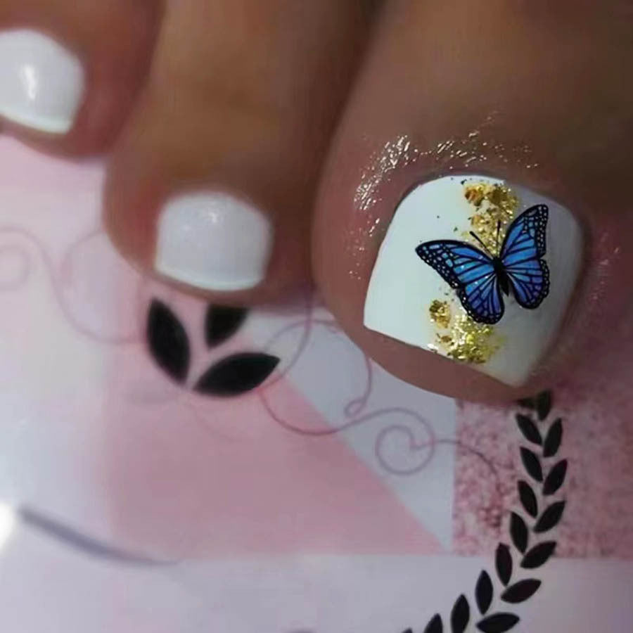 Cross-border fashion pure white foot armor noble female style gold powder dark blue butterfly pearl short square fake nail nail removable