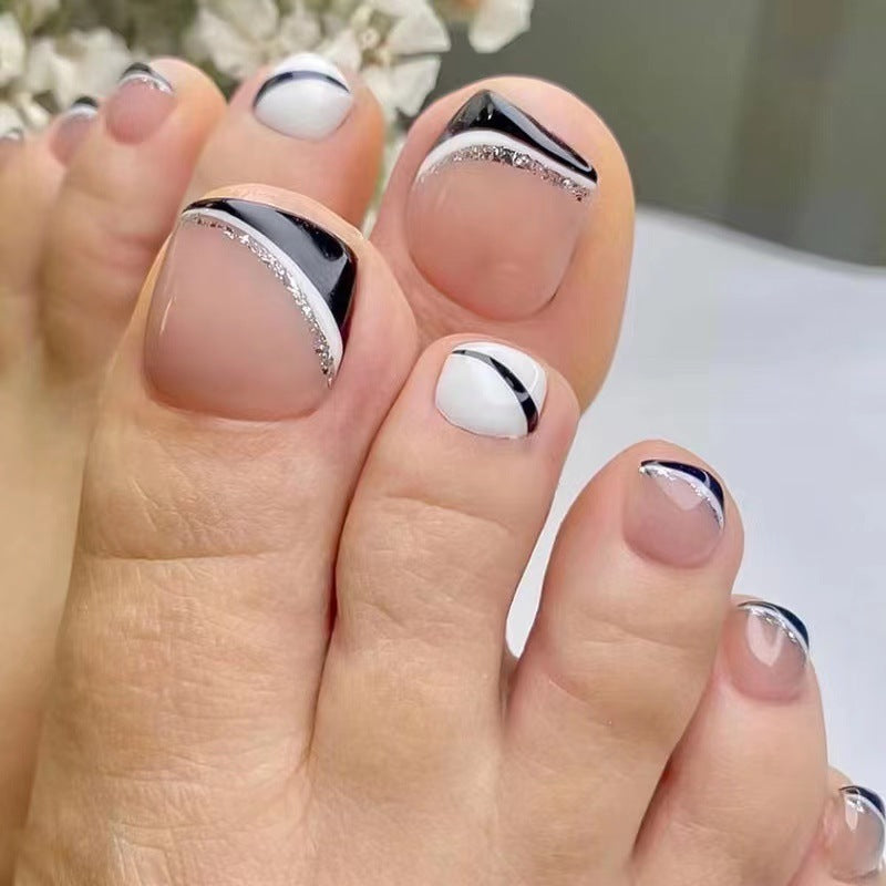 Removable Black & White French Wave Fall Toe Nails - Nail Tips