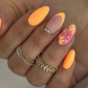 Round Almond Nails Matte Retro Flower Apricot Solid Color Wearable Nails