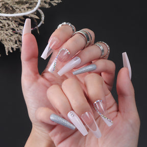 Transparent Ballet Nails with Silver Glitter and Diamond Accents