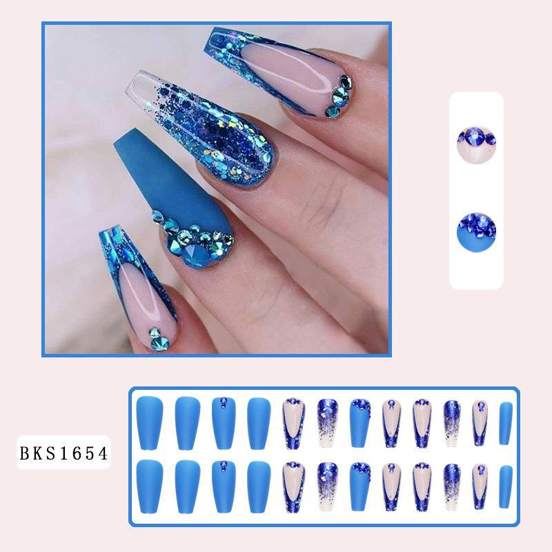 Blue Sparkle T-Shape Nail Tips with Diamonds