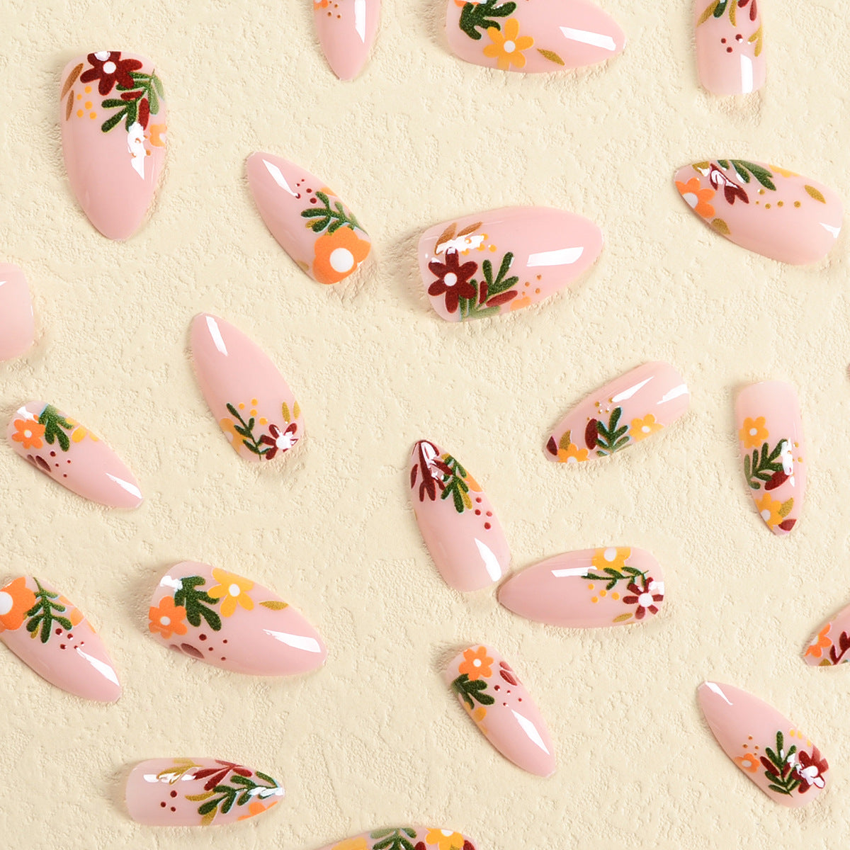 Thanksgiving Brown Maple Leaf Nails, Orange Flower Design