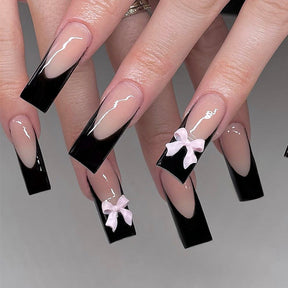 Long Waterpipe French Nails - Black Edge Bow, Minimalist Luxe