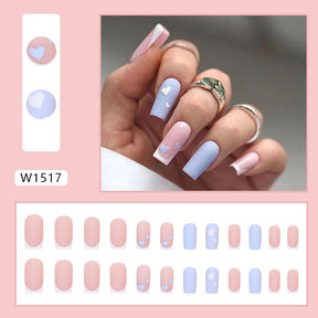 Minimalist Blue and White Heart French Nails, Matte Finish