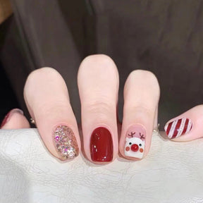 Christmas Reindeer Sparkling Short Fall Nails - Removable Nail Tips