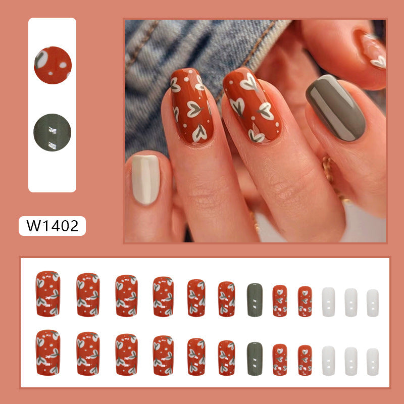 Vintage Brick Red, Milk White, Olive Green Floral Nails