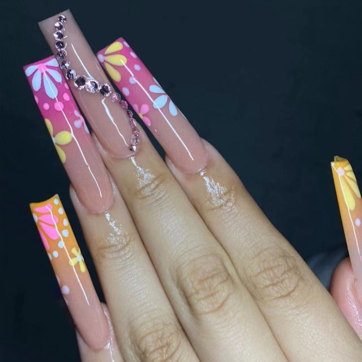 XXL Color Gradient Long Nails with 3D Pink Diamond Decor