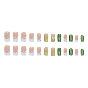 Square Aurora Green Nail Stickers with Diamond and Butterfly