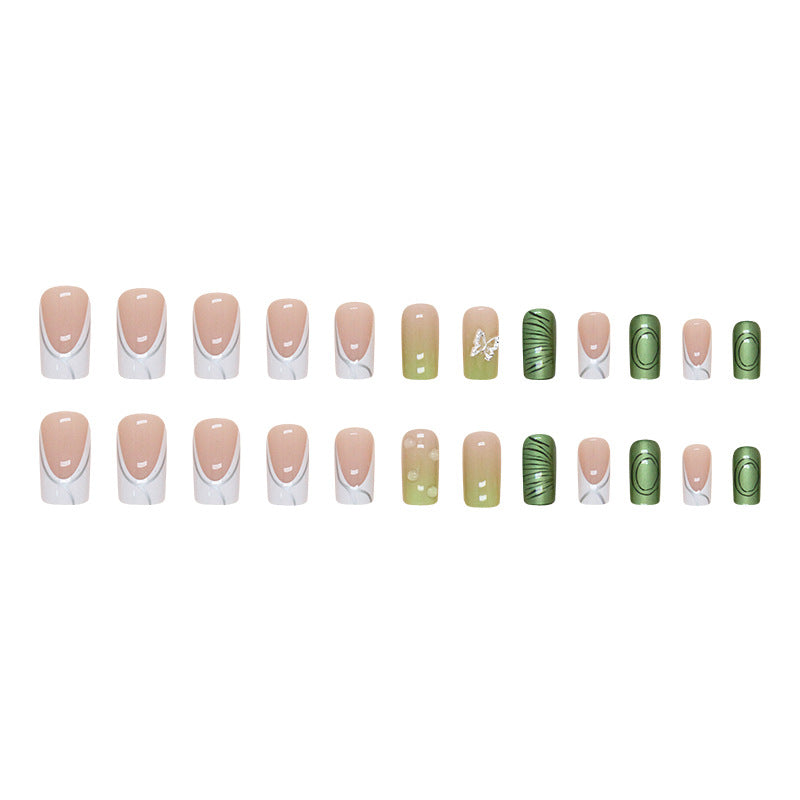 Square Aurora Green Nail Stickers with Diamond and Butterfly