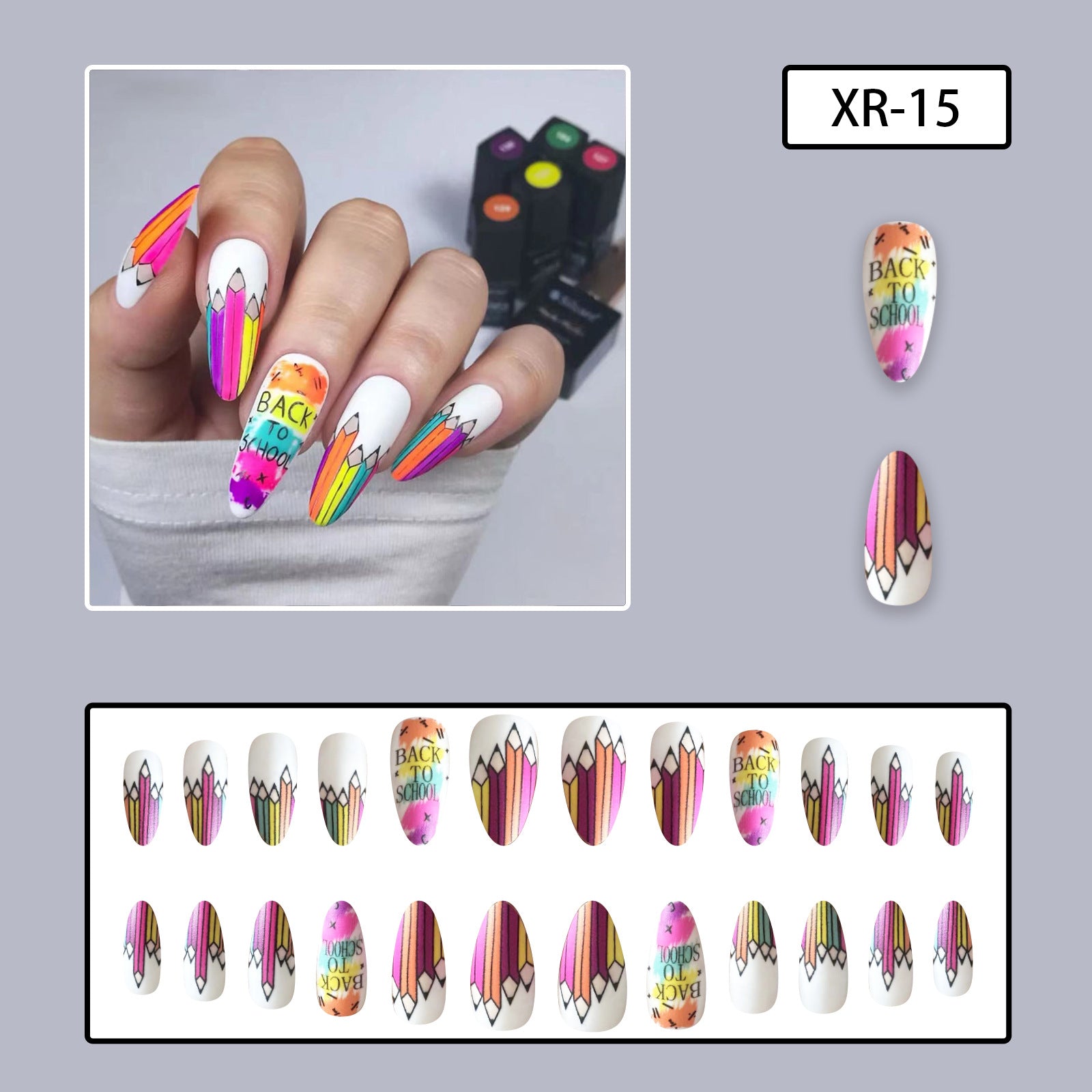 Back-to-School Medium Almond Matte Nail Tips with Crayon Designs