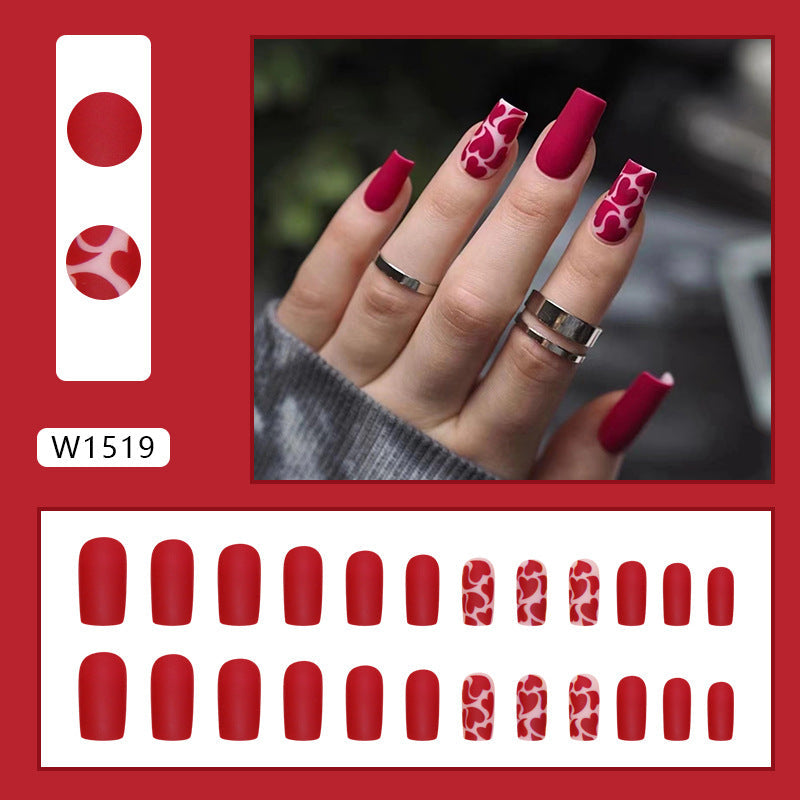 Chic Red Heart Matte Fall Nails, Medium Length Square Tips