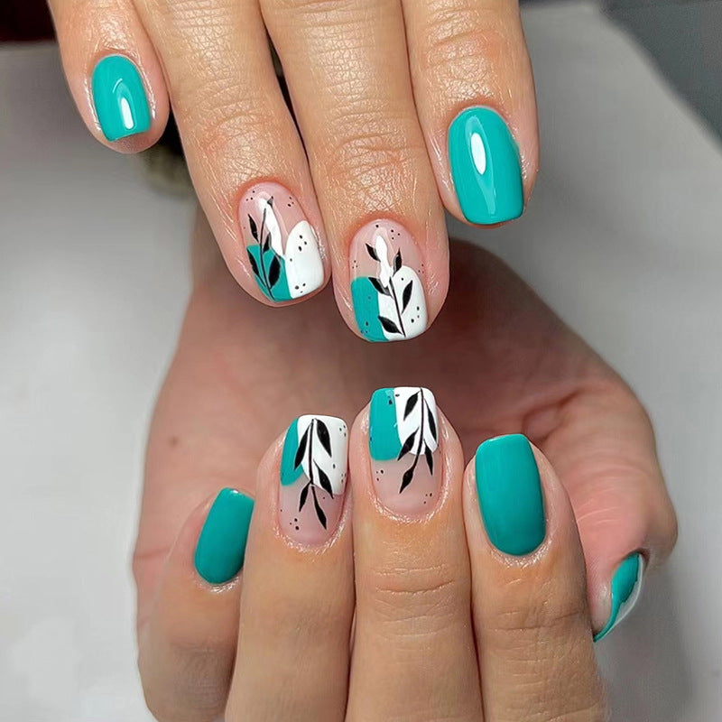 Summer Fresh Mid-Length Nails, Lake Blue with Leaf Design