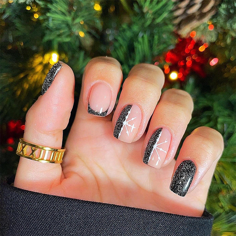 Black Glitter French Nail Tips with Snowflakes