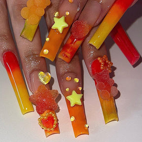 Ombre Yellow-Red Nail Tips with Bear and Star Designs