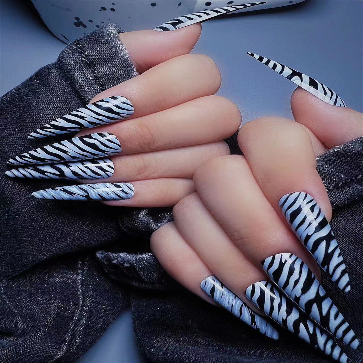 Blue Black Zebra Print Long Pointed Nails - Removable (Wholesale 24-Piece)