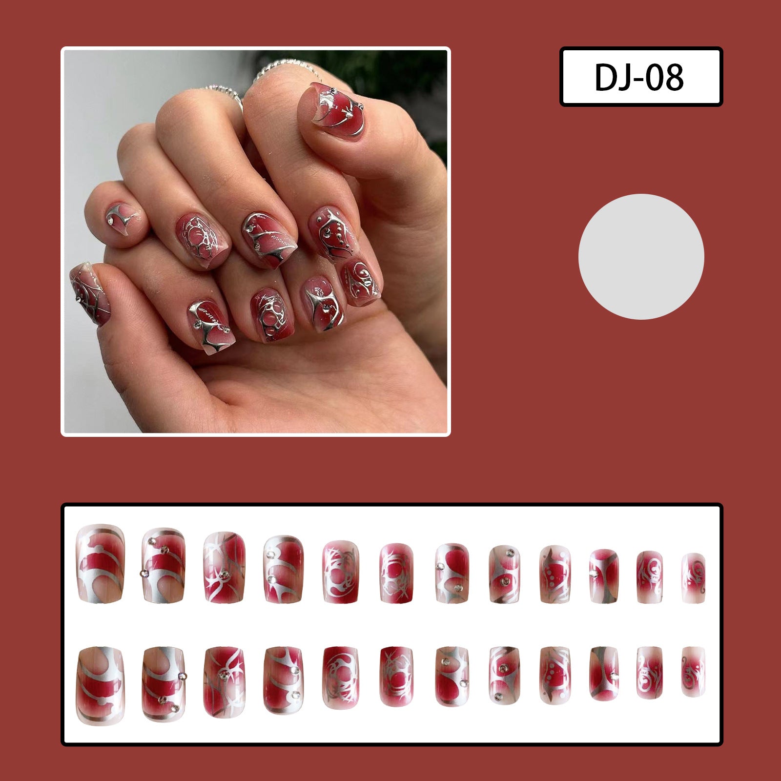 Red Ombre Square Blush Nail Art Patches with Silver Graffiti