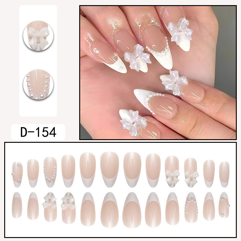 24 French Pearl & Bow Nail Tips, Nude Drop Shape