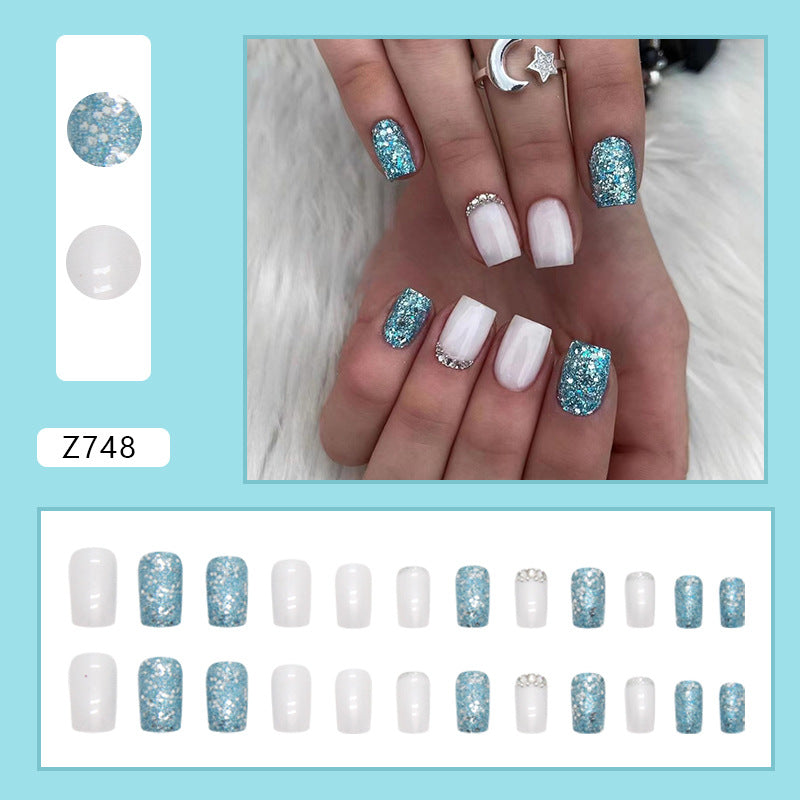 Square Aurora White Nails, Sparkling Blue Diamonds