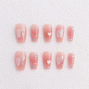 Chic Handmade Blush Short Staircase Fall Nails, Sparkling Diamond Hand-Painted Nail Patches