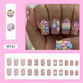 Colorful Summer Cute Childish Flower Smiley Mid-Length Square Nails Removable Wearable Nails