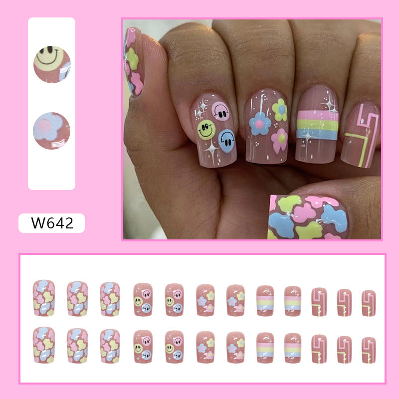 Colorful Summer Cute Childish Flower Smiley Mid-Length Square Nails Removable Wearable Nails