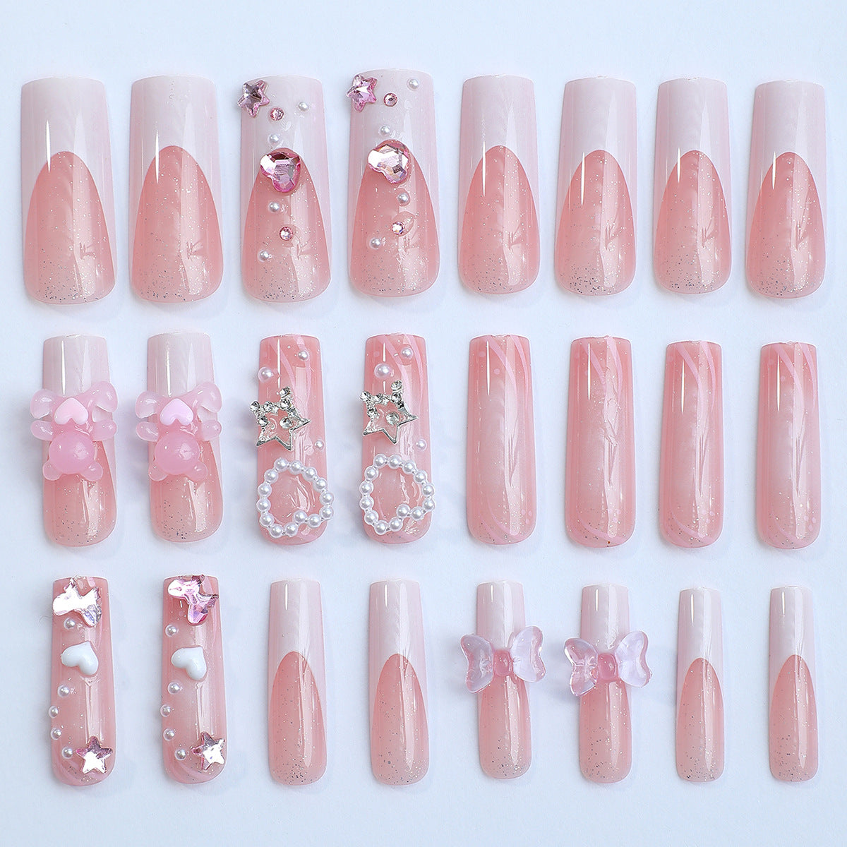 Long Pink Bear Heart Star Nail Tips, Cute and Chic