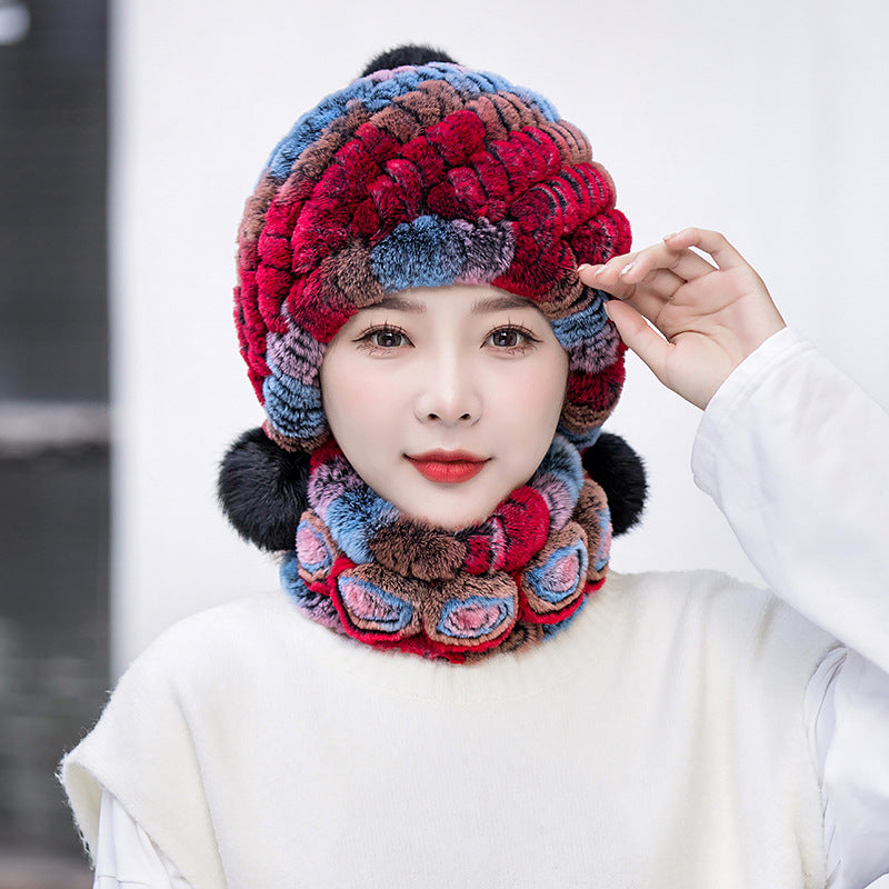 Winter Real Rabbit Fur Ear Flap Hat & Scarf Set