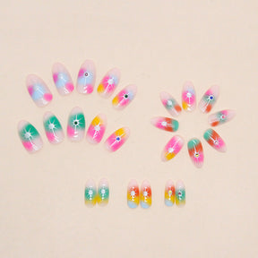 Colorful Rainbow Star Diamond Nails Euro Star Almond Fake Nails Spicy Girl Halloween