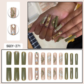 Detachable Green Floral Sparkle Nail Tips