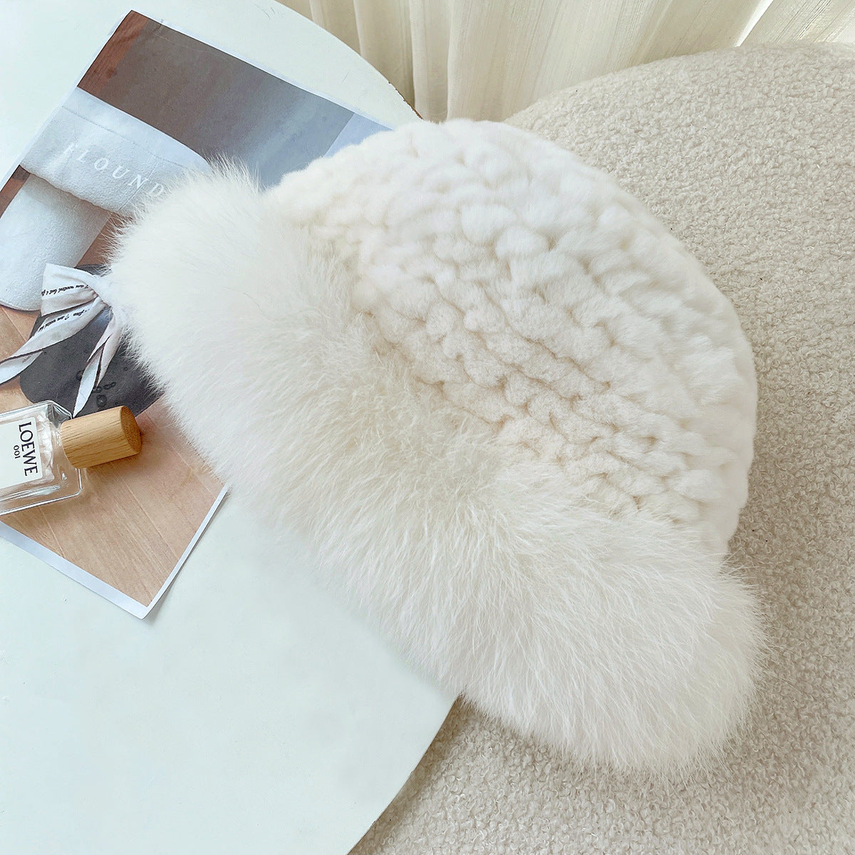 Cute Real Rabbit Fur Hat with Fox Trim - Winter Warmth