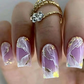 Elegant Marble Pattern Gold Foil Purple Removable Nails