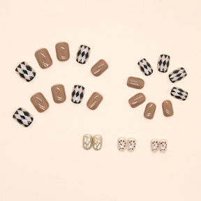 Chestnut Brown Diamond Fall Nails, 24-Piece Gold-Trimmed Set