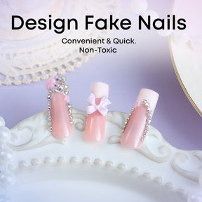 Long French Manicure Nail Tips with Bow Design